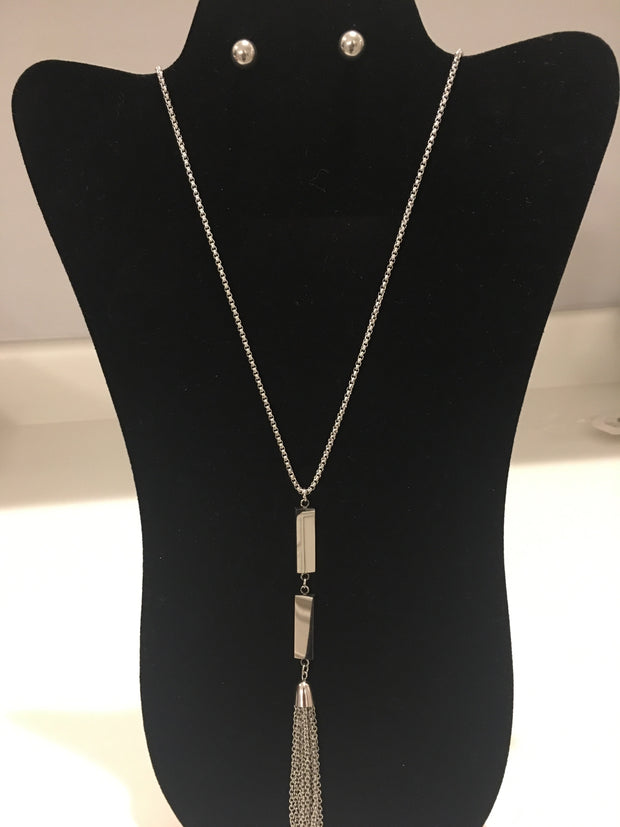 Stainless Steel Double Bar Long Necklace Set